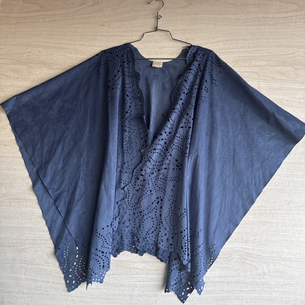 Chico's blue perforated faux suede ruana wrap top OSFA